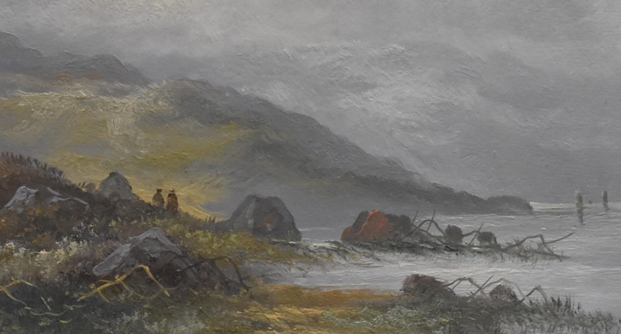 Französisches Schulende des 19. Jahrhunderts, „A seaside with two characters“, Öl auf Papier (Grau), Landscape Painting, von Unknown