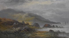 Antique French school end of 19th century, A seaside with two characters, oil on paper