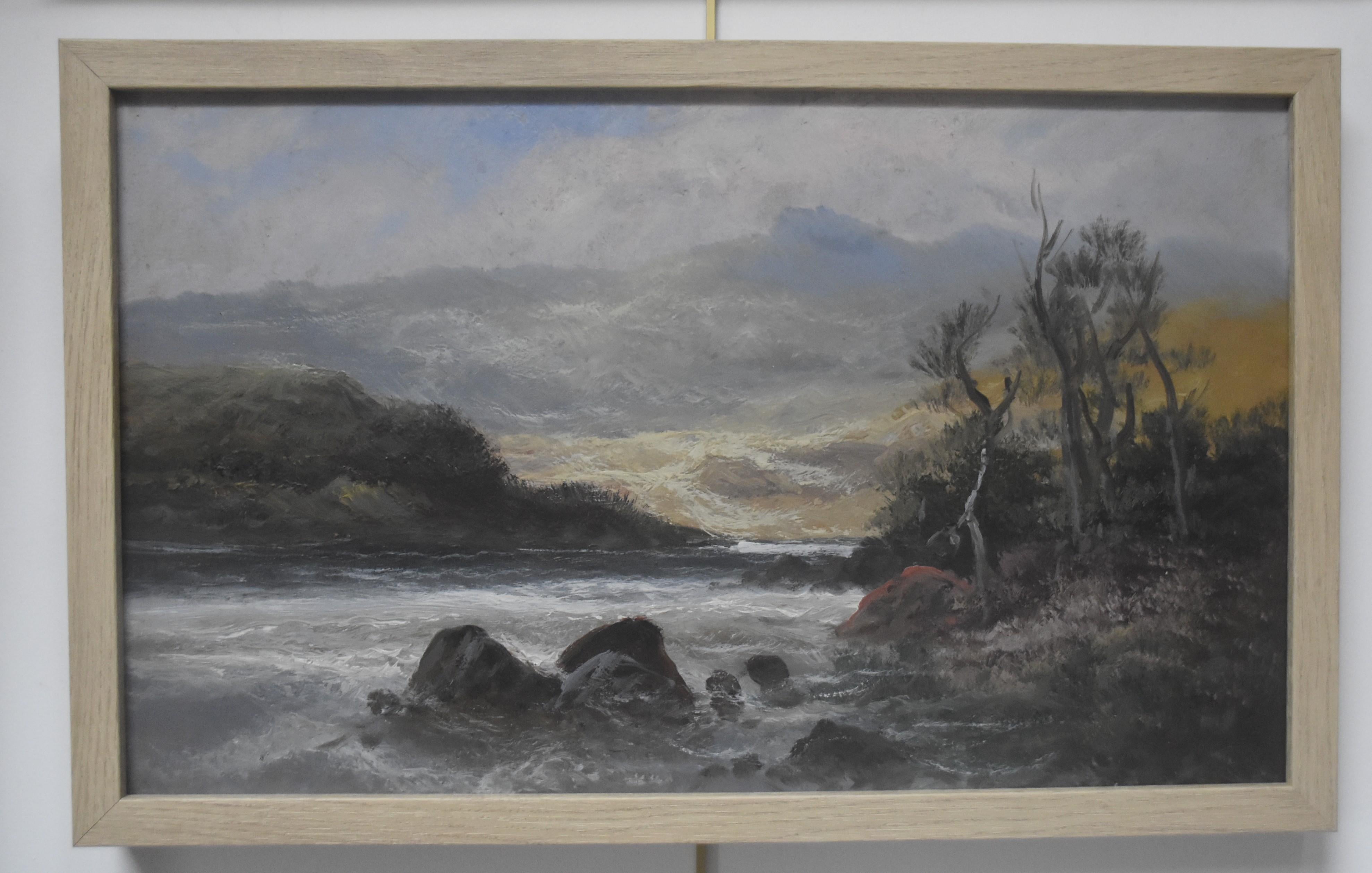 French school end of 19th century, Landscape by the river, oil on paper - Painting by Unknown
