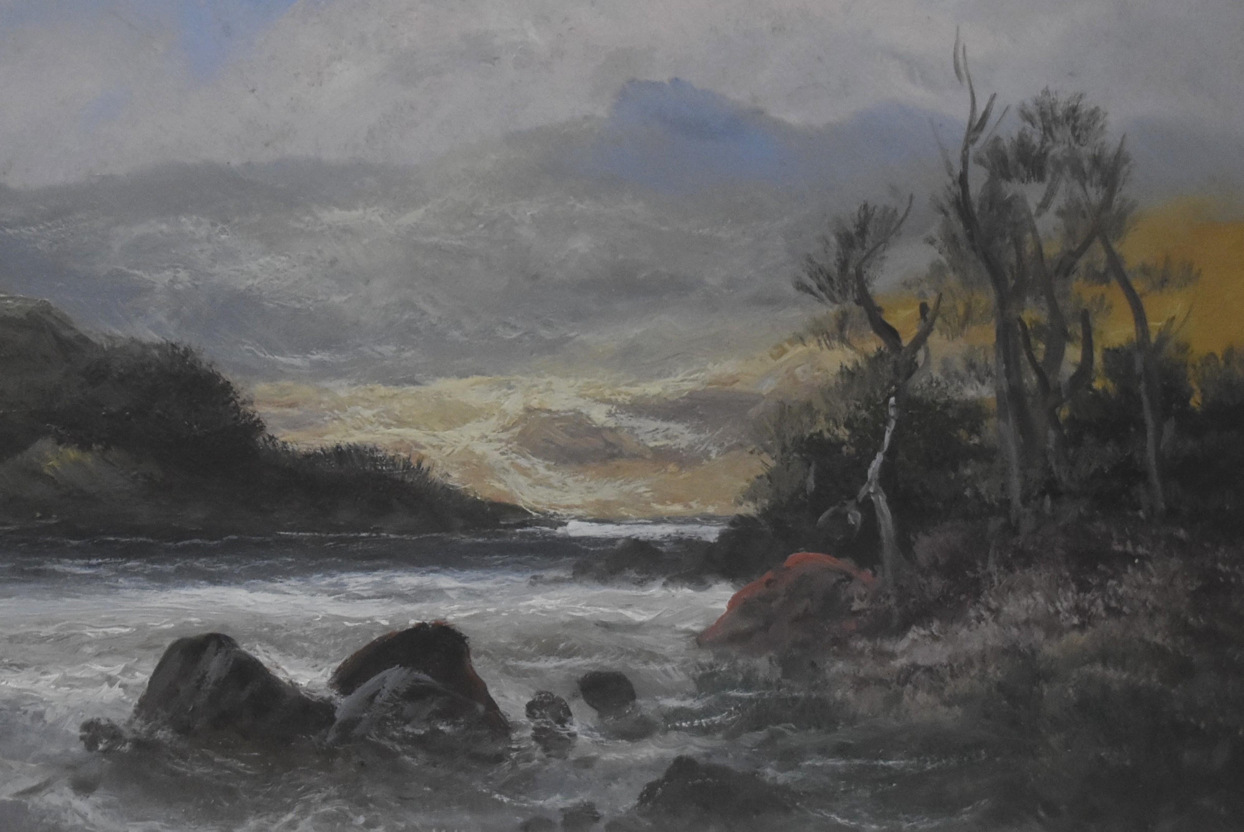 Französische Schule Ende des 19. Jahrhunderts, Landschaft des Flusses, Öl auf Papier (Grau), Figurative Painting, von Unknown