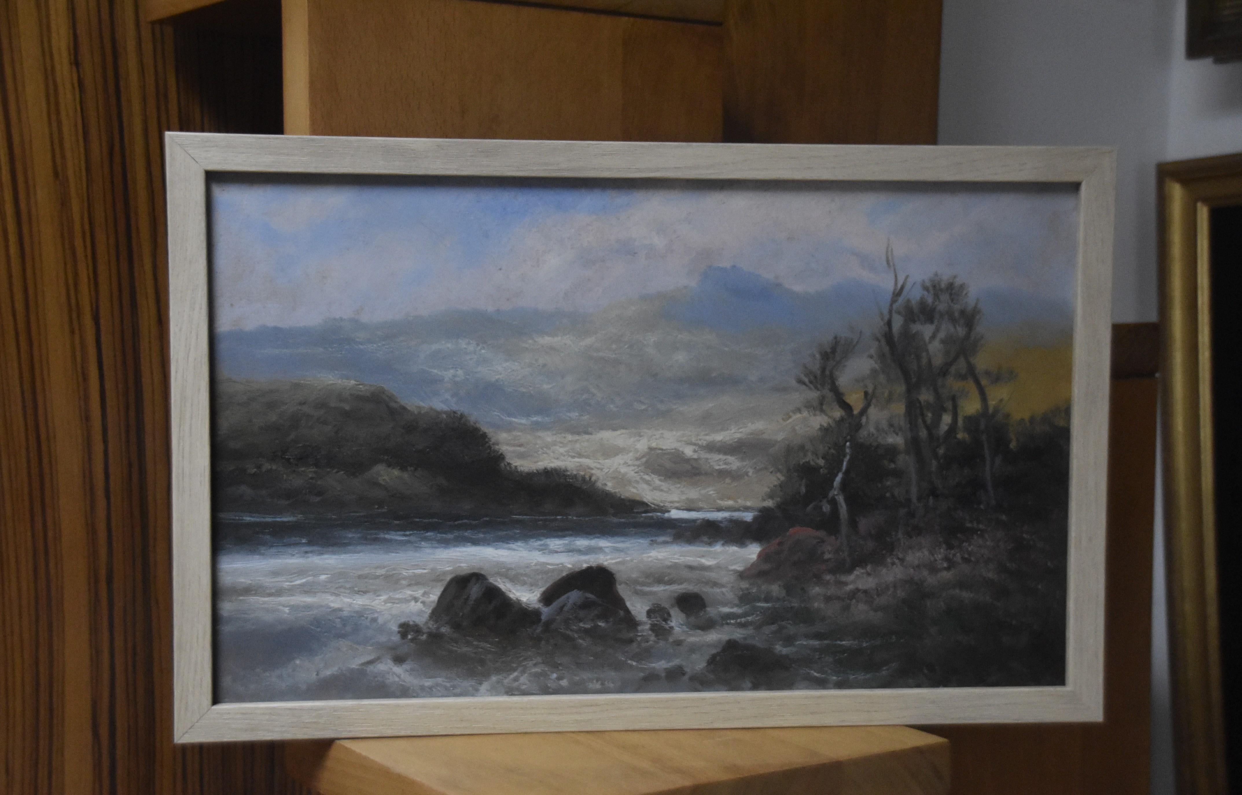 French school end of 19th century, Landscape by the river, oil on paper - Gray Figurative Painting by Unknown