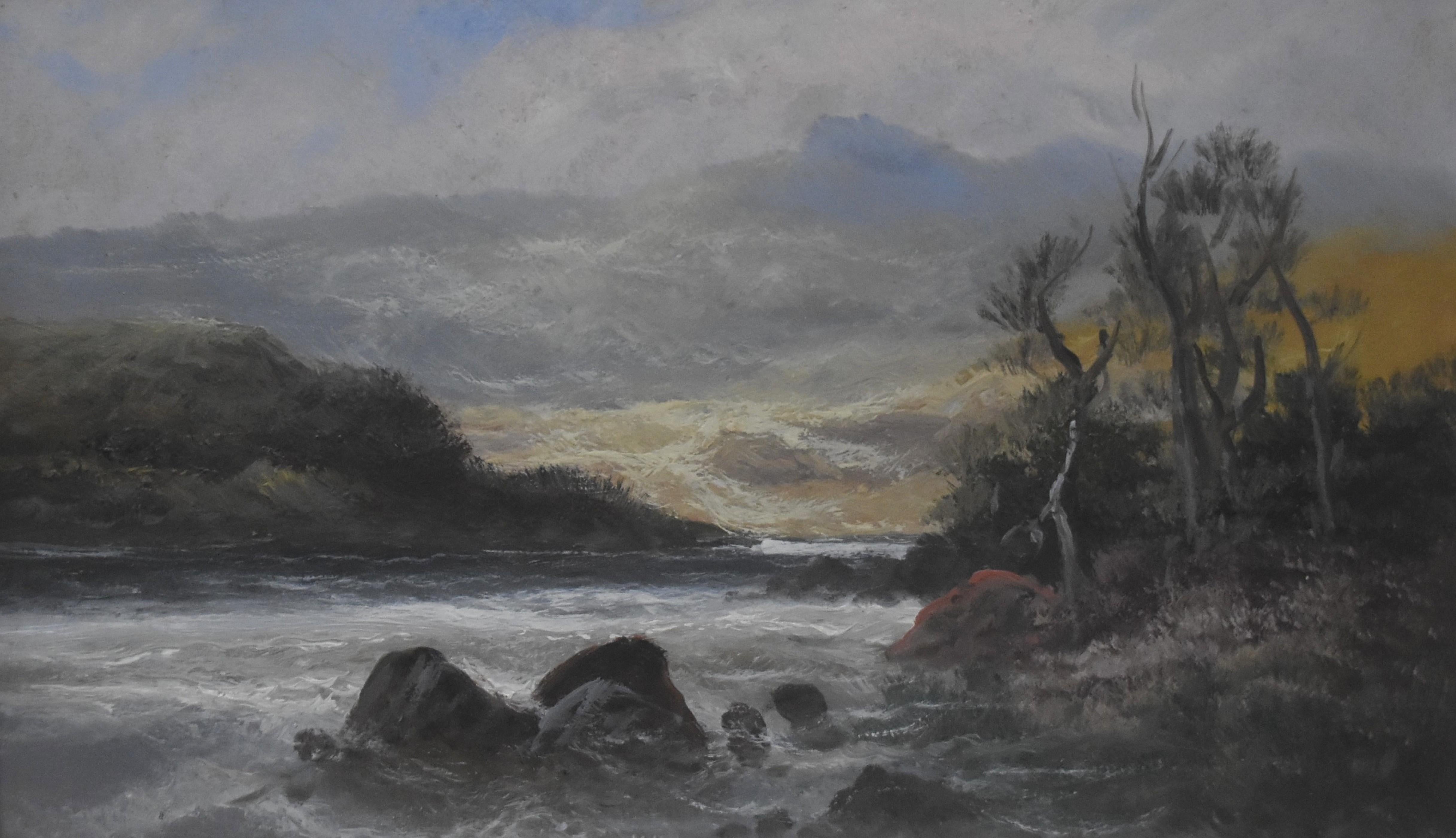 École française fin du 19e siècle, Paysage au bord de la rivière, huile sur papier