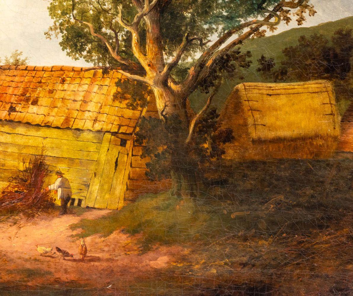 French School, Farmyard Scene, Oil on Canvas, early 19th century, unsigned, carved giltwood frame. Image: 23.5