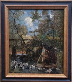 French school Impressionist Landscape Painter in Nature Bridge River Ducks 19th