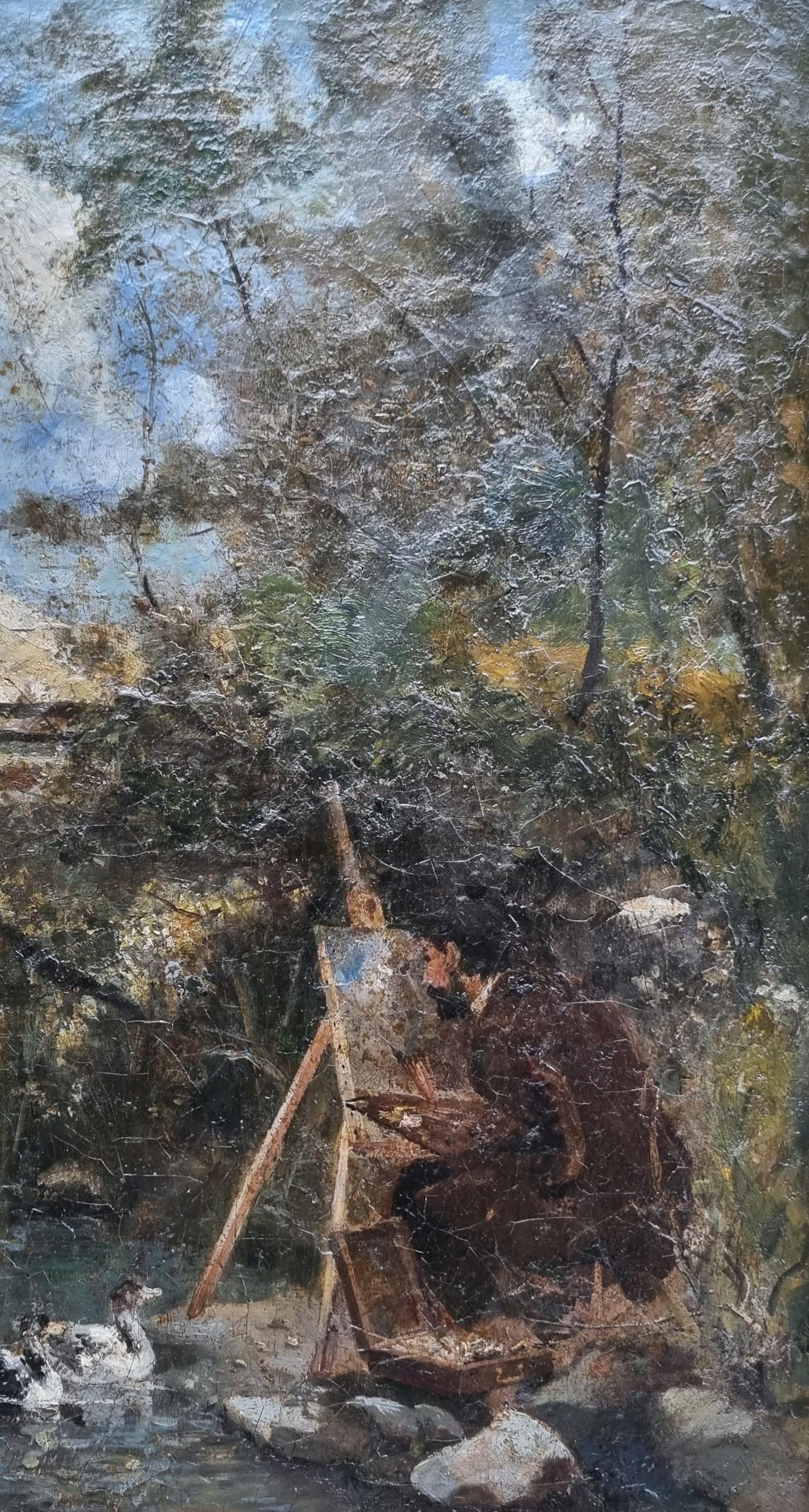 Französische Schule Impressionist Landschaftsmaler in Nature Brücke Fluss Enten 19. (Schwarz), Landscape Painting, von Unknown