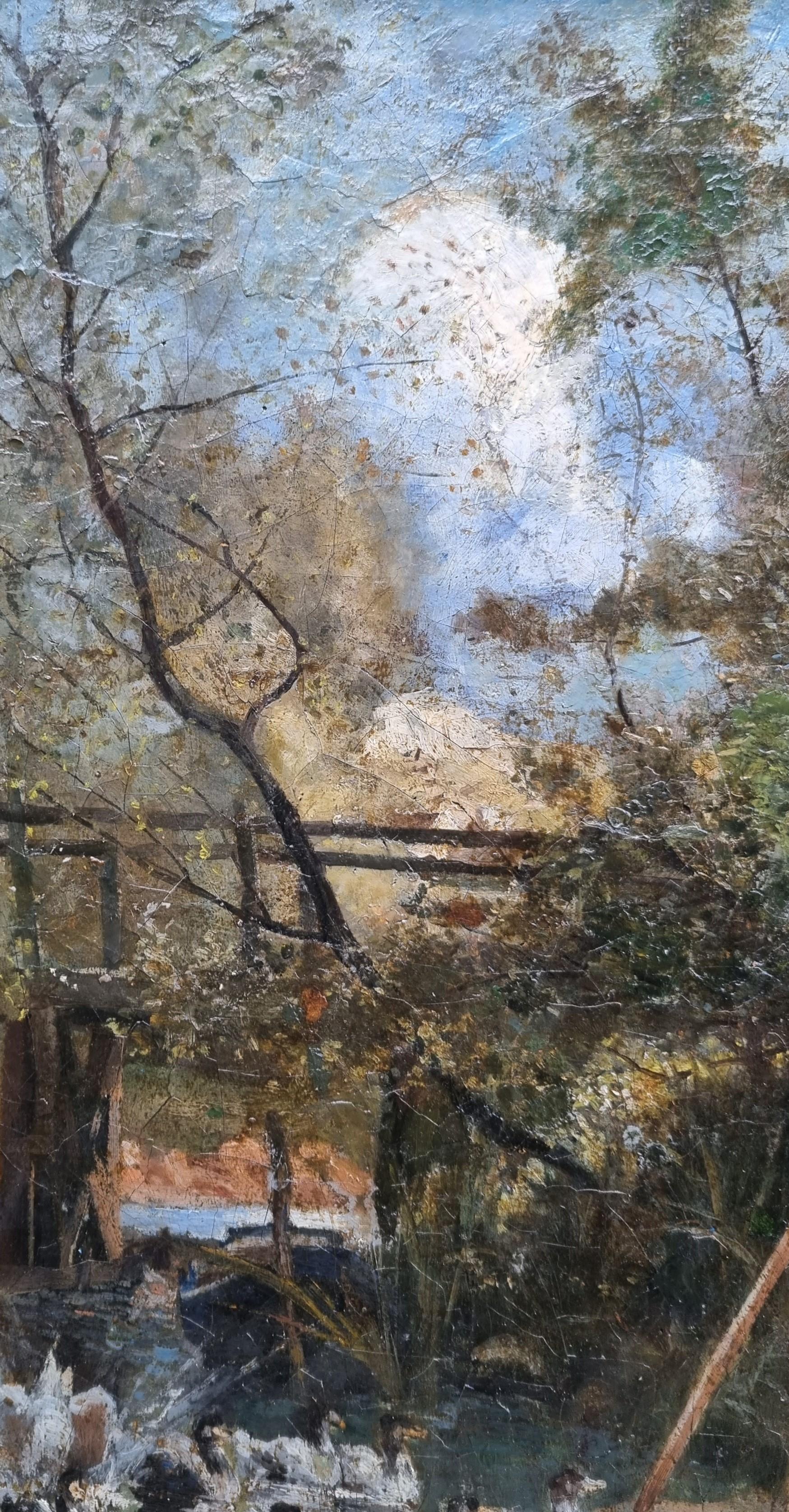 Französische Schule Impressionist Landschaftsmaler in Nature Brücke Fluss Enten 19. im Angebot 2