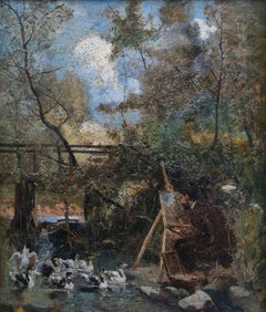 French school Impressionist Landscape Painter in Nature Bridge River Ducks 19th