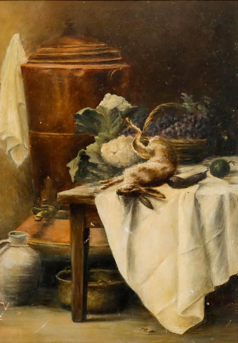French School Late 19th Century Oil - Kitchen Still Life with Hare - Painting by Unknown