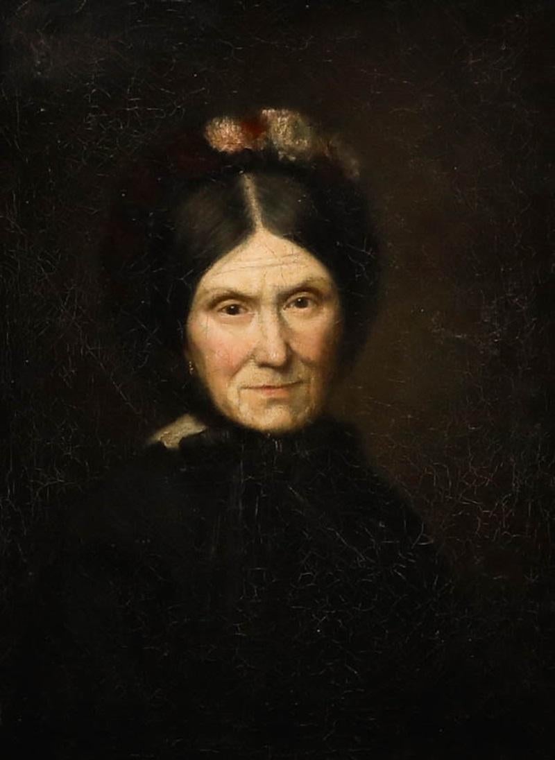 French School Late 19th Century Oil - Portrait of a Lady with Floral Bonnet - Painting by Unknown