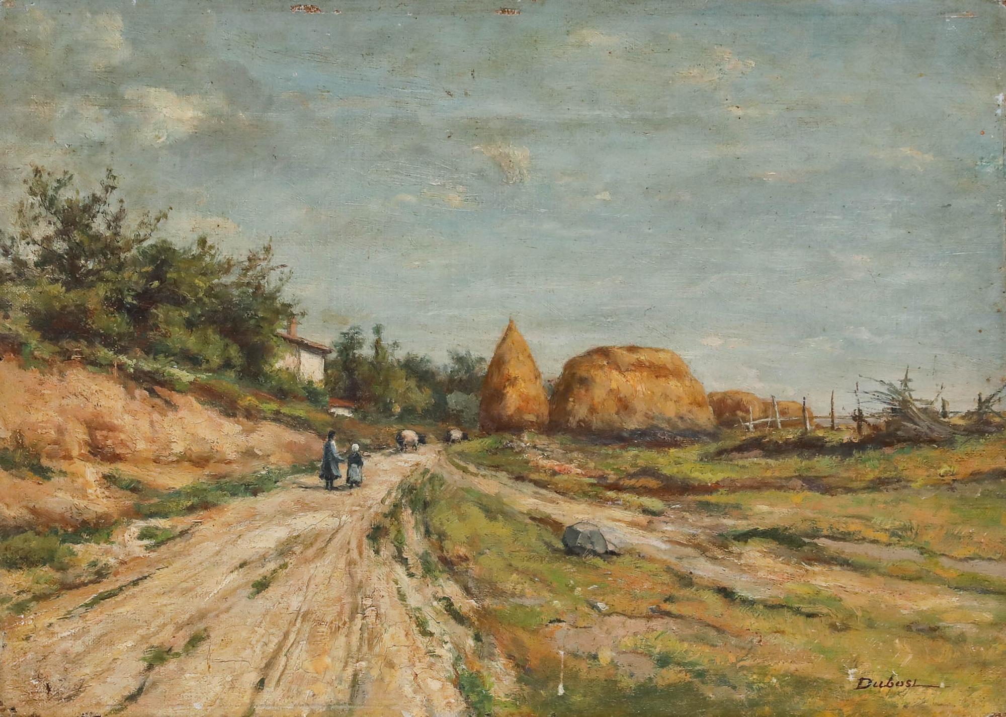 French School Late 19th Century Oil - Rounding Up the Pigs - Painting by Unknown