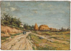 French School Late 19th Century Oil - Rounding Up the Pigs