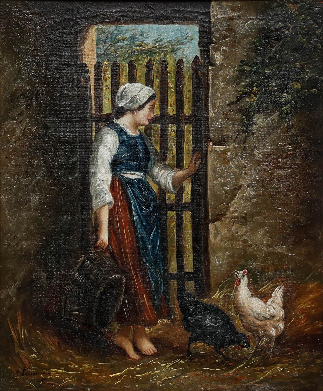 French School Late 19th Century Oil - The Farmgirl - Painting by Unknown