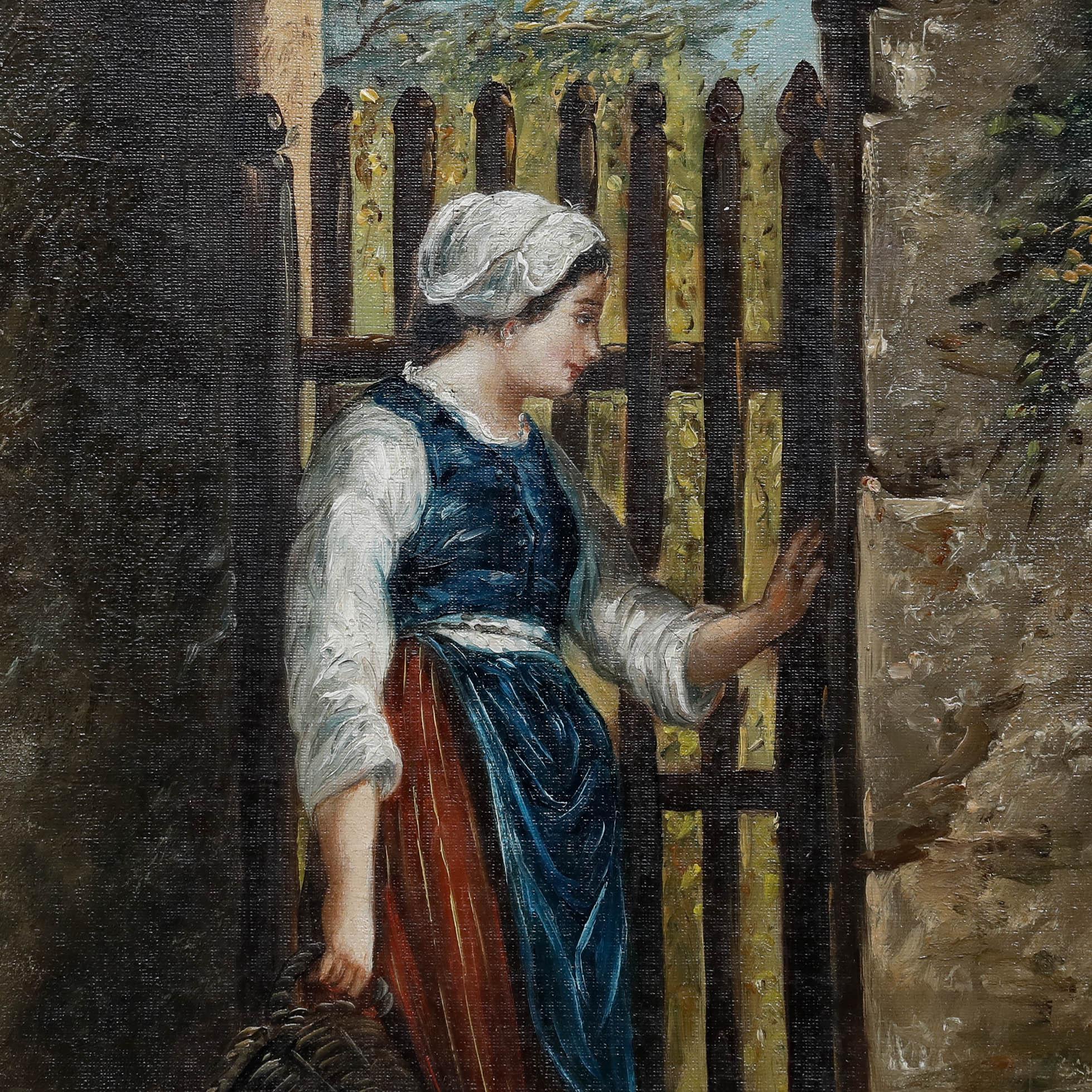 This charming study captures a young farmgirl at a wooden gate tending to her chickens. The painting intimately portrays the details of rural life, evoking a rustic and endearing atmosphere. Well presented in a gilt effect frame. Signed illegibly.