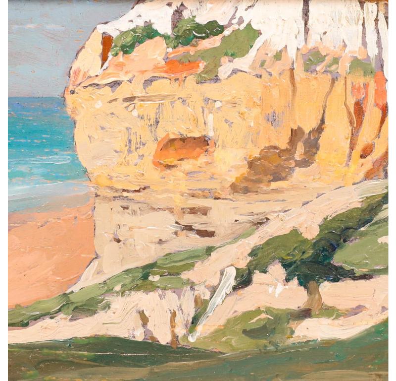 Ein beeindruckender Blick auf die Küste bei Biarritz. Die Komposition zeigt eine dramatische Kalksteinklippe, die sich über einen ruhigen Strand erhebt, mit grünen Pflanzen, die sich an der verwitterten Felswand festhalten. Gut präsentiert in einem