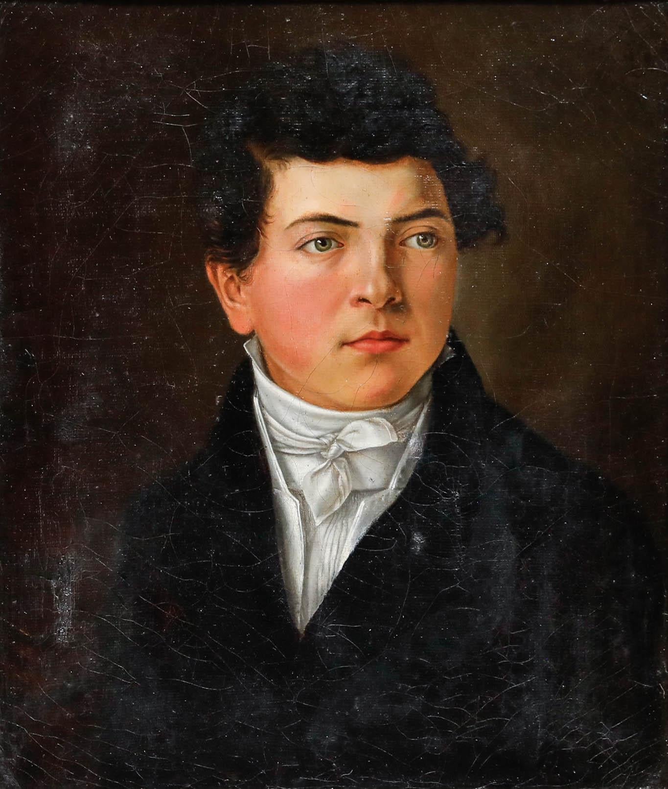 French School Mid 19th Century Oil - Portrait of a Rosy-Cheeked Boy - Painting by Unknown
