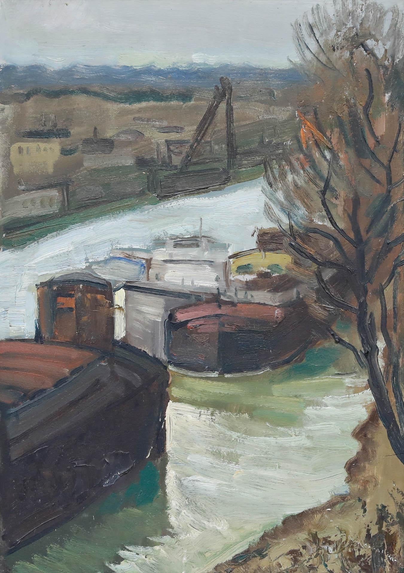Französische Schule Mitte des 20. Jahrhunderts Öl - Lastkähne auf der Seine – Painting von Unknown
