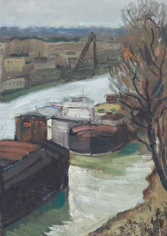 French School Mid 20th Century Oil - Barges on the Seine