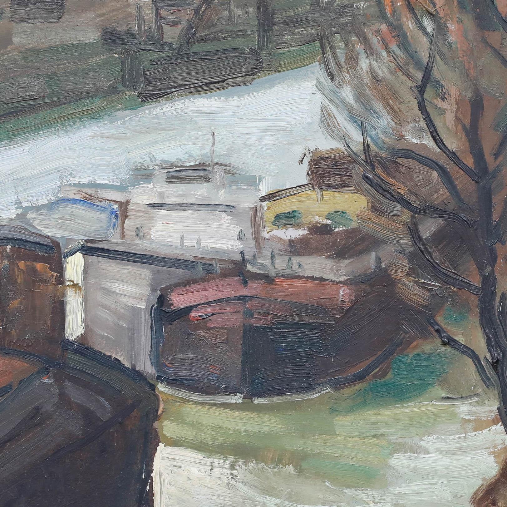 Französische Schule, Öl-Landschaft. Lastkähne auf der Seine mit kahlen Winterbäumen entlang der Wasserstraße. Gut präsentiert in einem geschnitzten Gold-Effekt-Rahmen mit einem gemalten internen Slip. Nicht signiert. Auf dem Podium. 