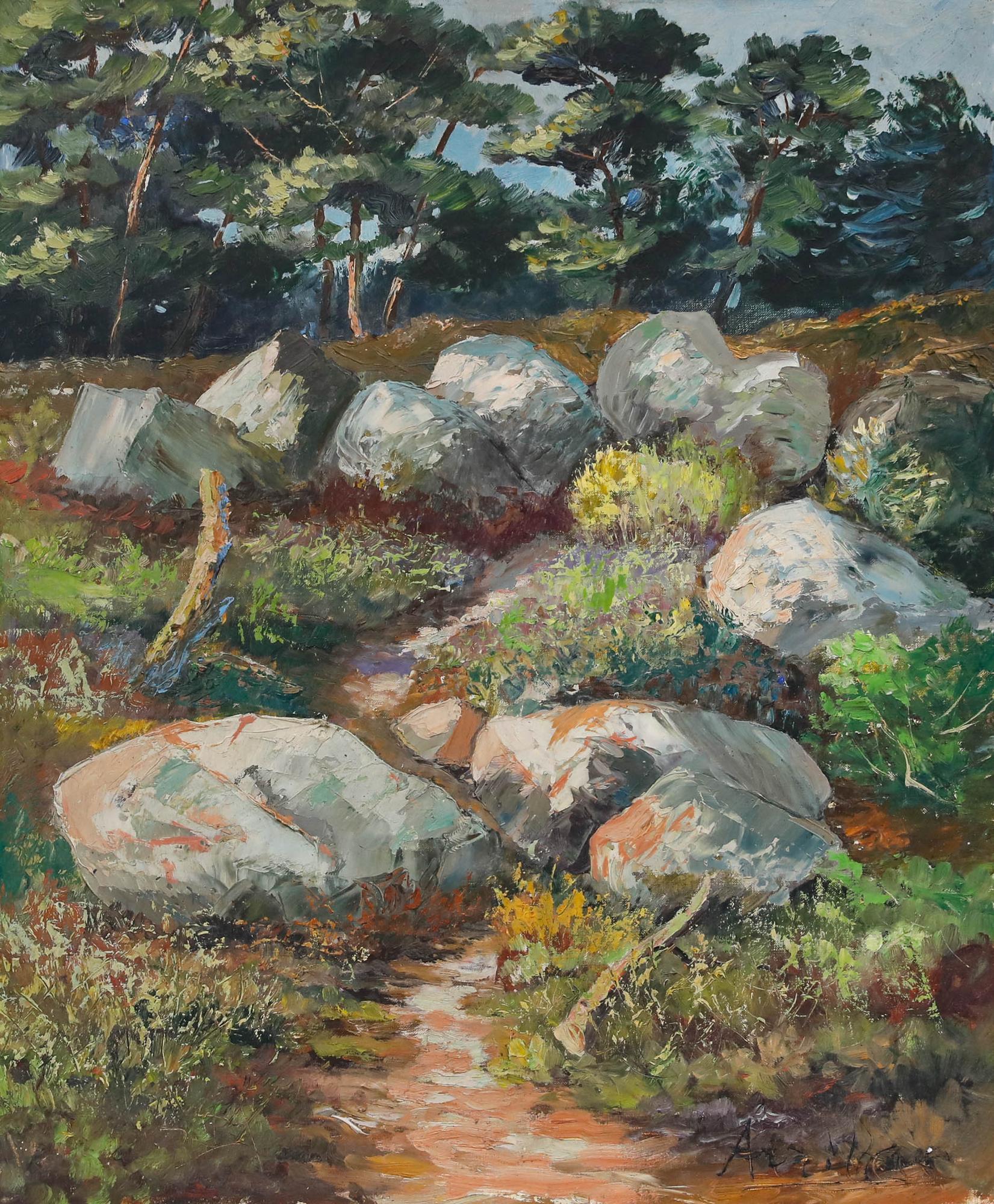 Olio di scuola francese della metà del 20° secolo - Cliffside - Painting di Unknown
