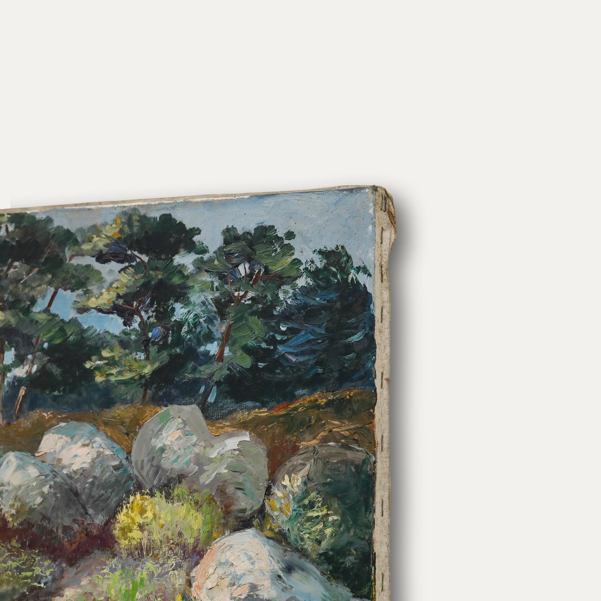 Questo suggestivo dipinto di paesaggio a impasto cattura una scena isolata di un bosco, con un sentiero tortuoso che conduce attraverso un'accozzaglia di massi ricoperti di muschio e vegetazione lussureggiante. L'abile uso della luce e dell'ombra da