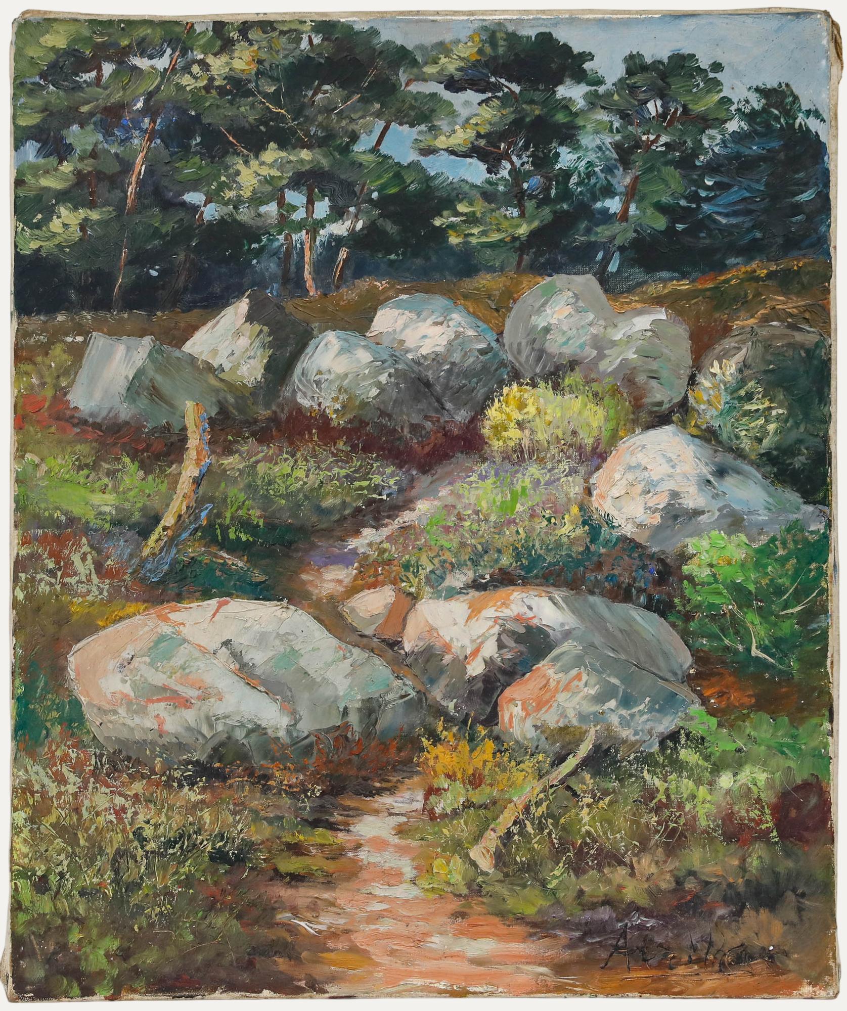 Landscape Painting di Unknown - Olio di scuola francese della metà del 20° secolo - Cliffside
