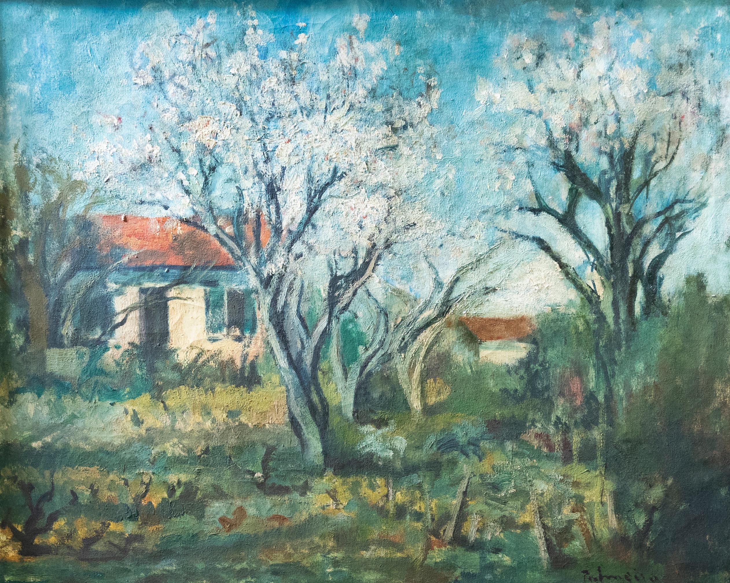 French School Mid 20th Century Oil - Cottage and Apple Blossom Trees - Painting by Unknown