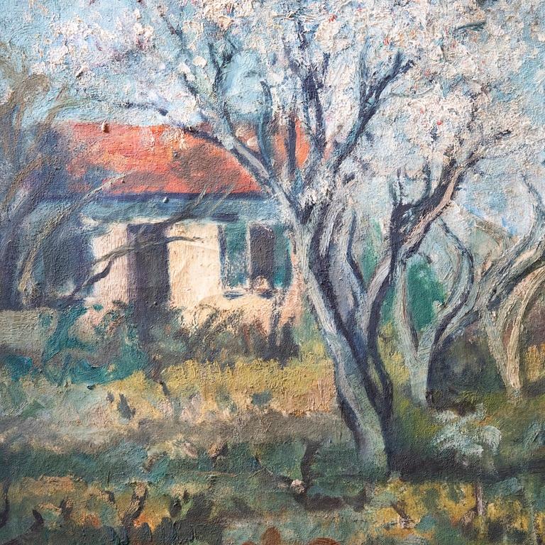 French School Mid 20th Century Oil - Cottage and Apple Blossom Trees For Sale 1