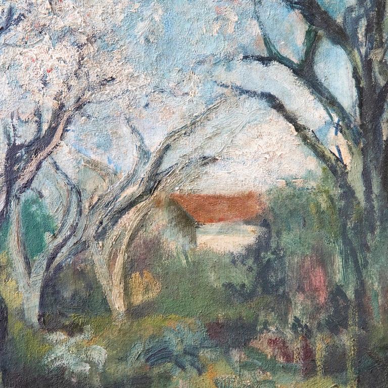 French School Mid 20th Century Oil - Cottage and Apple Blossom Trees For Sale 2