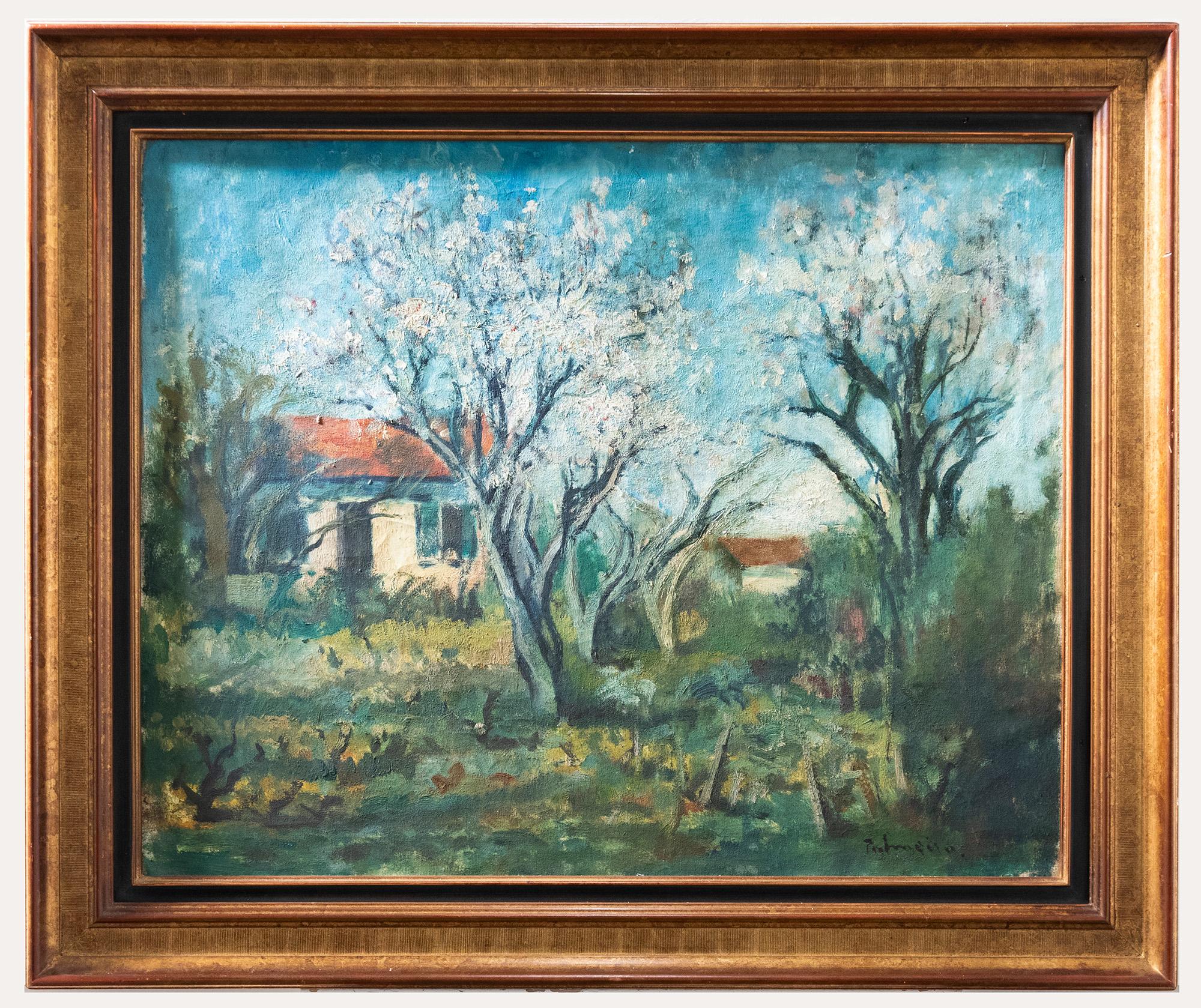 Unknown Landscape Painting - French School Mid 20th Century Oil - Cottage and Apple Blossom Trees