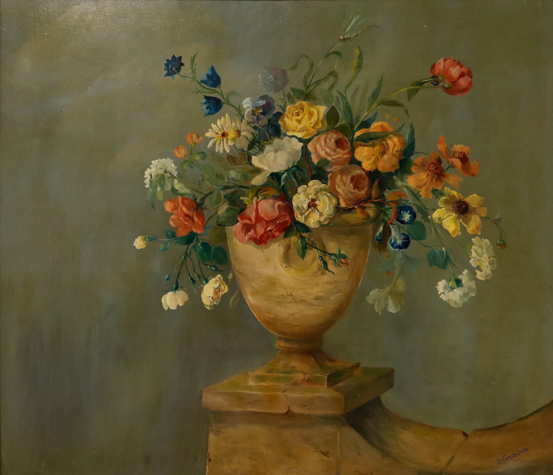 French  School Mid 20th Century Oil - Flowers in a Stone Urn - Painting by Unknown