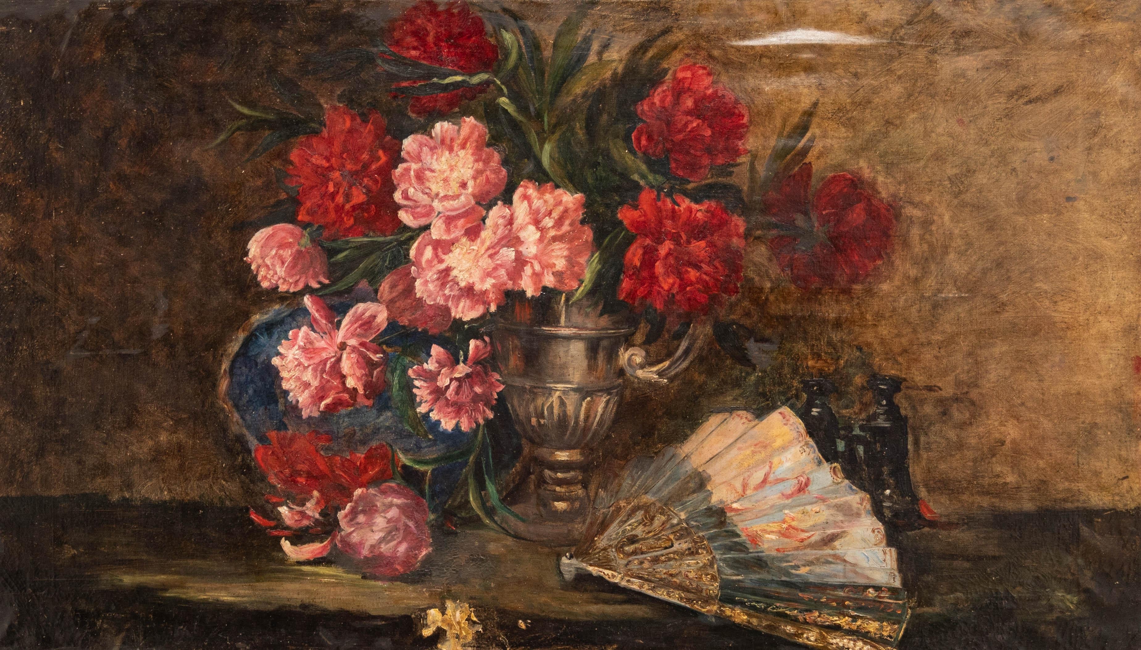 French School Mid 20th Century Oil - Still Life of Flowers & a Fan - Painting by Unknown