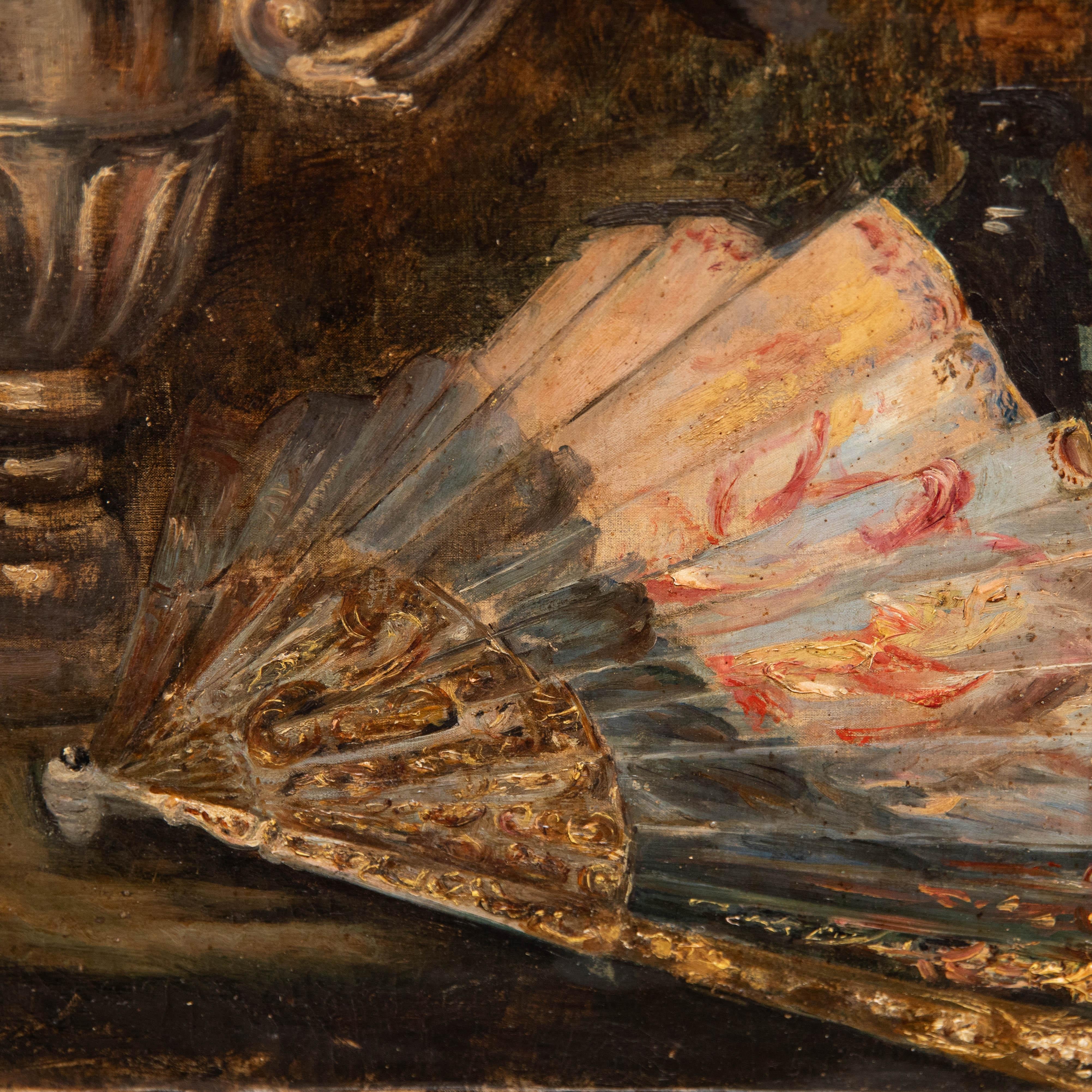 French School Mid 20th Century Oil - Still Life of Flowers & a Fan 1