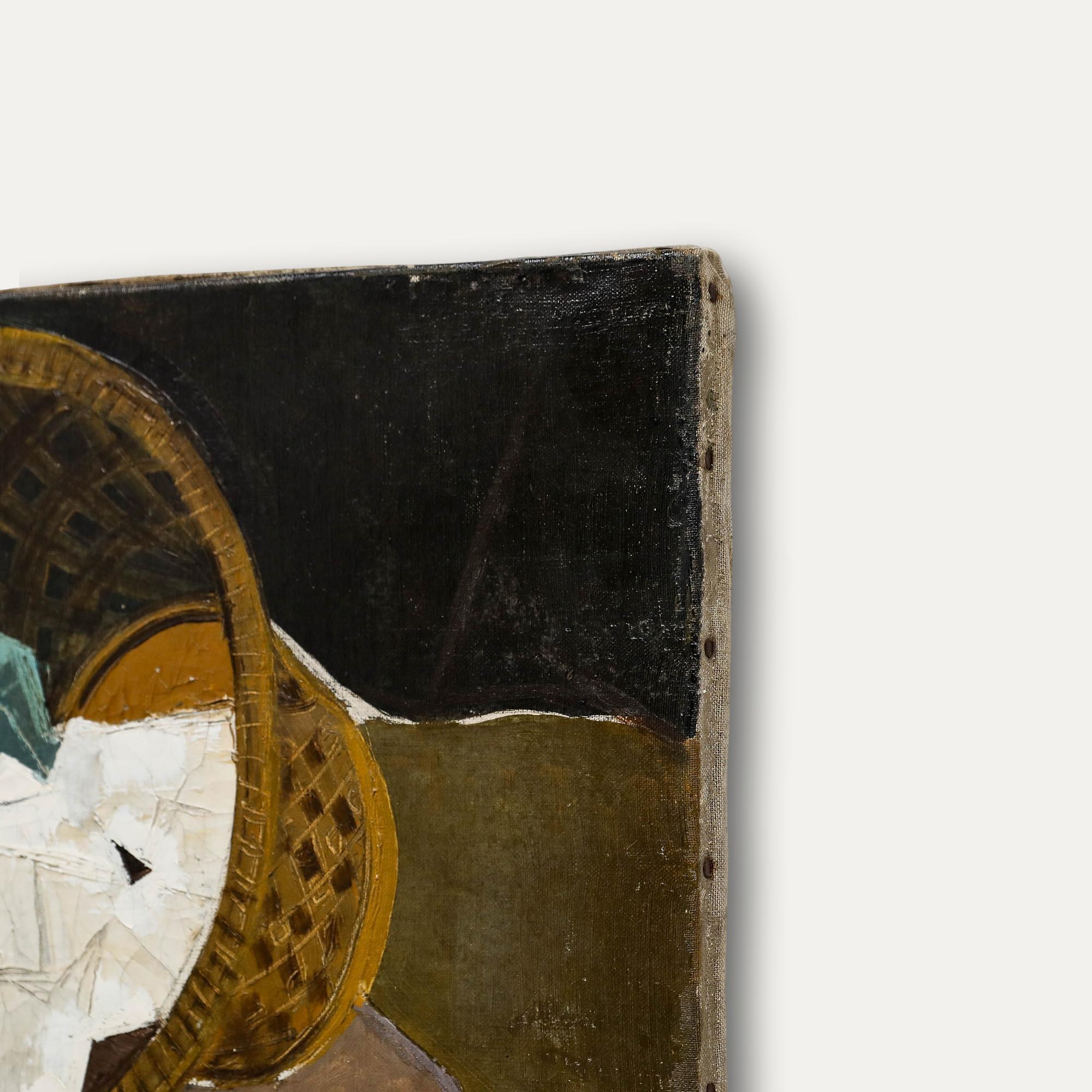 Ein auffälliges Stillleben aus der Mitte des Jahrhunderts, das einen kleinen Papierkorb zeigt, der auf die Seite gekippt ist und aus dem sich Papierblätter in einer anmutigen Kaskade ergießen. Das Arrangement ist meisterhaft ausgeführt und führt das