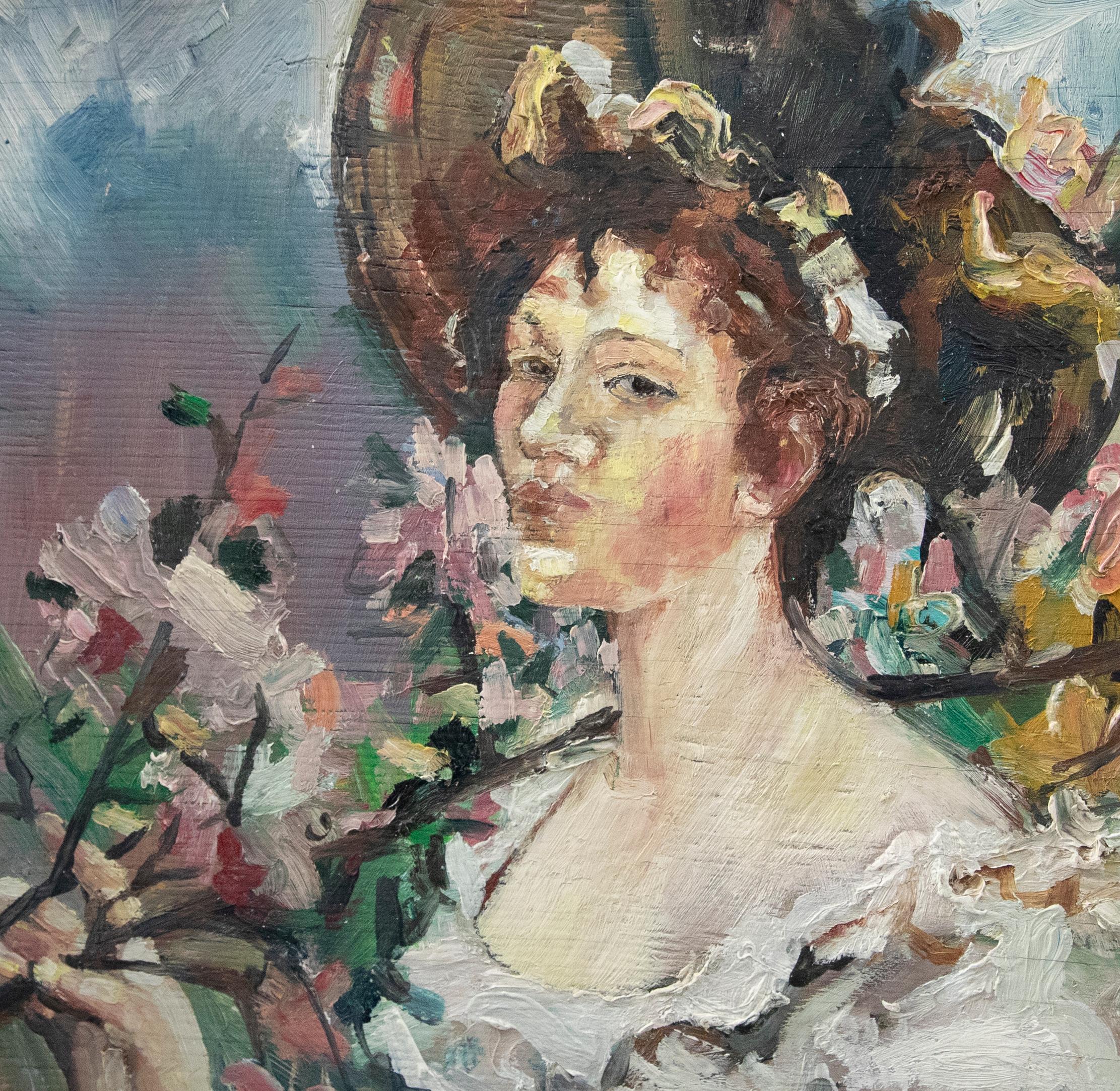 Französische Schule Mitte des 20. Jahrhunderts Öl - The Smell of Spring (Braun), Portrait Painting, von Unknown