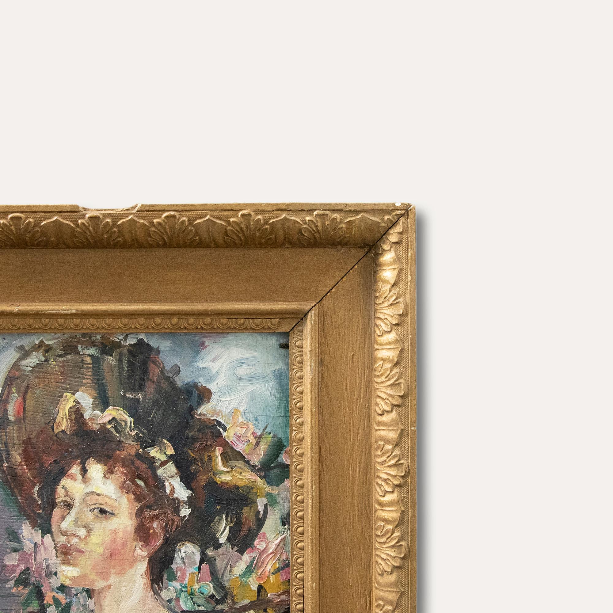 Feine impressionistische Porträtstudie einer jungen Frau in einem Garten voller Blumen. Sie zieht einen Zweig der Blüte zu sich, um daran zu riechen, und ihr Blick schweift nachdenklich in die Ferne. Der Künstler fängt die Szene mit einer subtilen