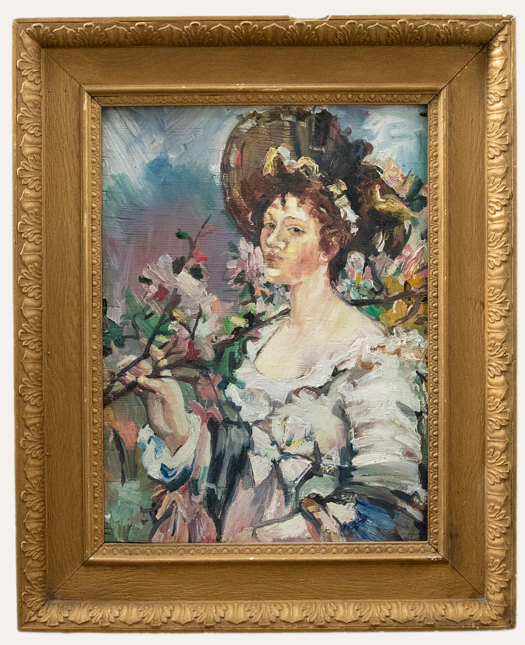 Unknown Portrait Painting – Französische Schule Mitte des 20. Jahrhunderts Öl - The Smell of Spring