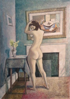 FRENCH SCHOOL mid Century LARGE cubist style FEMALE NUDE Portrait Oil Painting