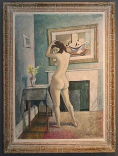 FRENCH SCHOOL mid Century LARGE cubist style FEMALE NUDE Portrait Oil Painting