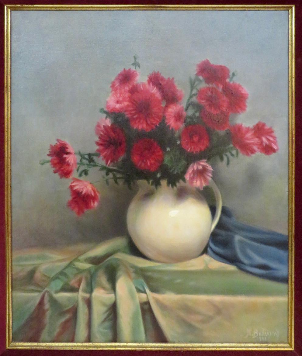French School Mid Century Original Oil Painting STILL LIFE OF FLOWERS - Brown Still-Life Painting by Unknown