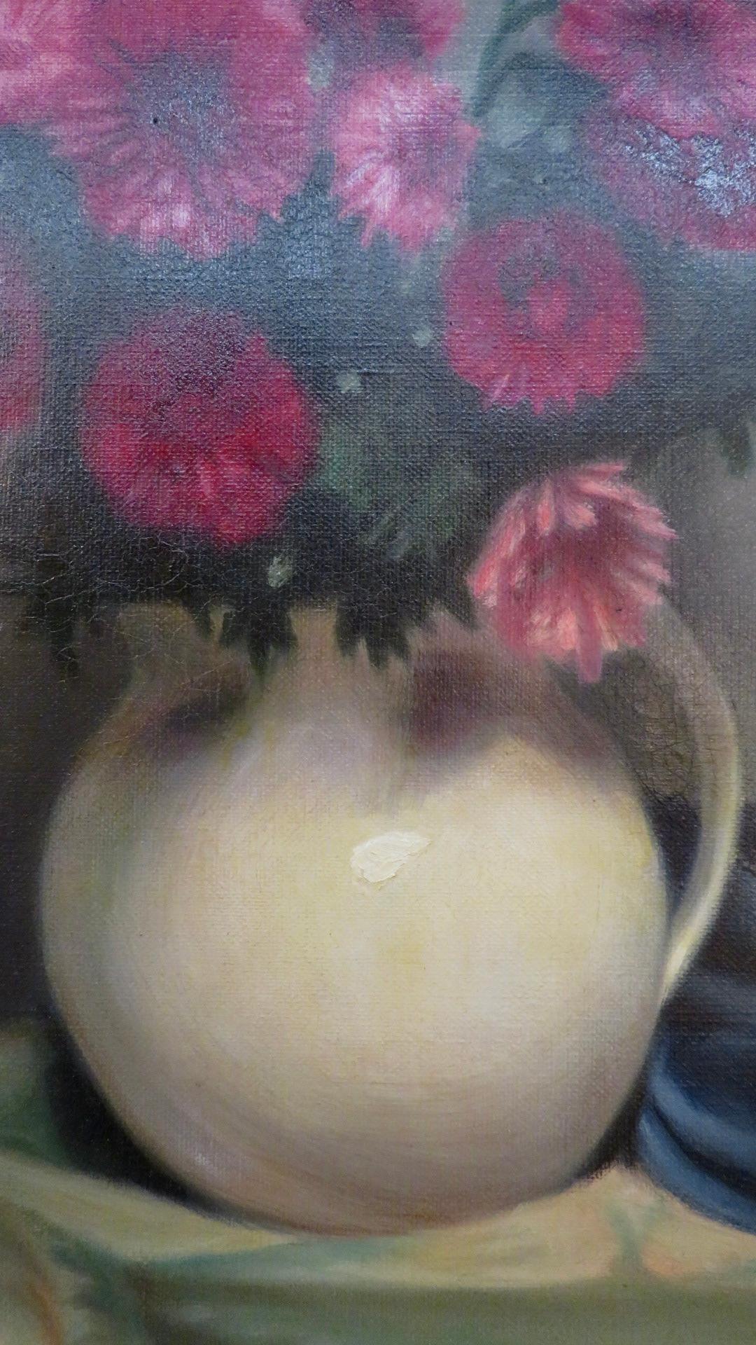 Pintura al Óleo Original de la Escuela Francesa de Mediados de Siglo VIDA TRANQUILA DE FLORES - Still-Life Painting Marrón de Unknown