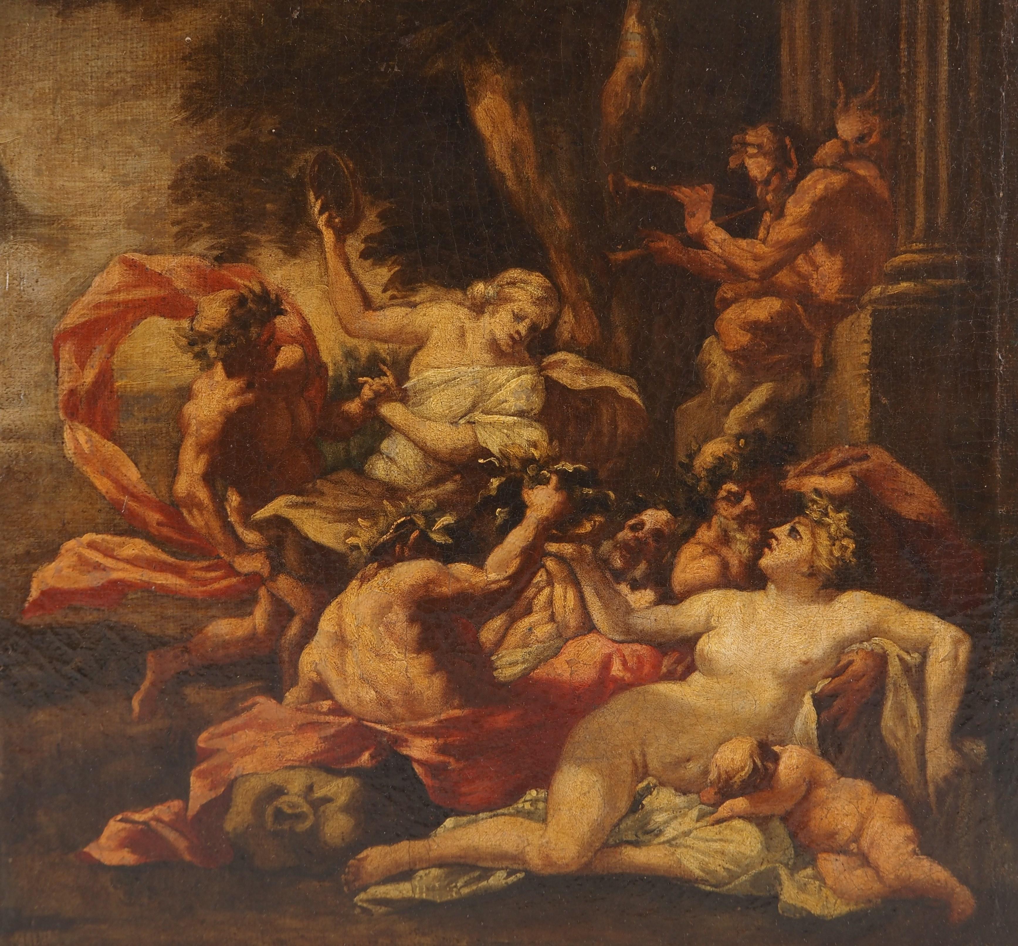Escuela francesa del siglo XVIII : Mitología, Bacanalia - Óleo sobre lienzo - Figurative Painting Marrón de Unknown