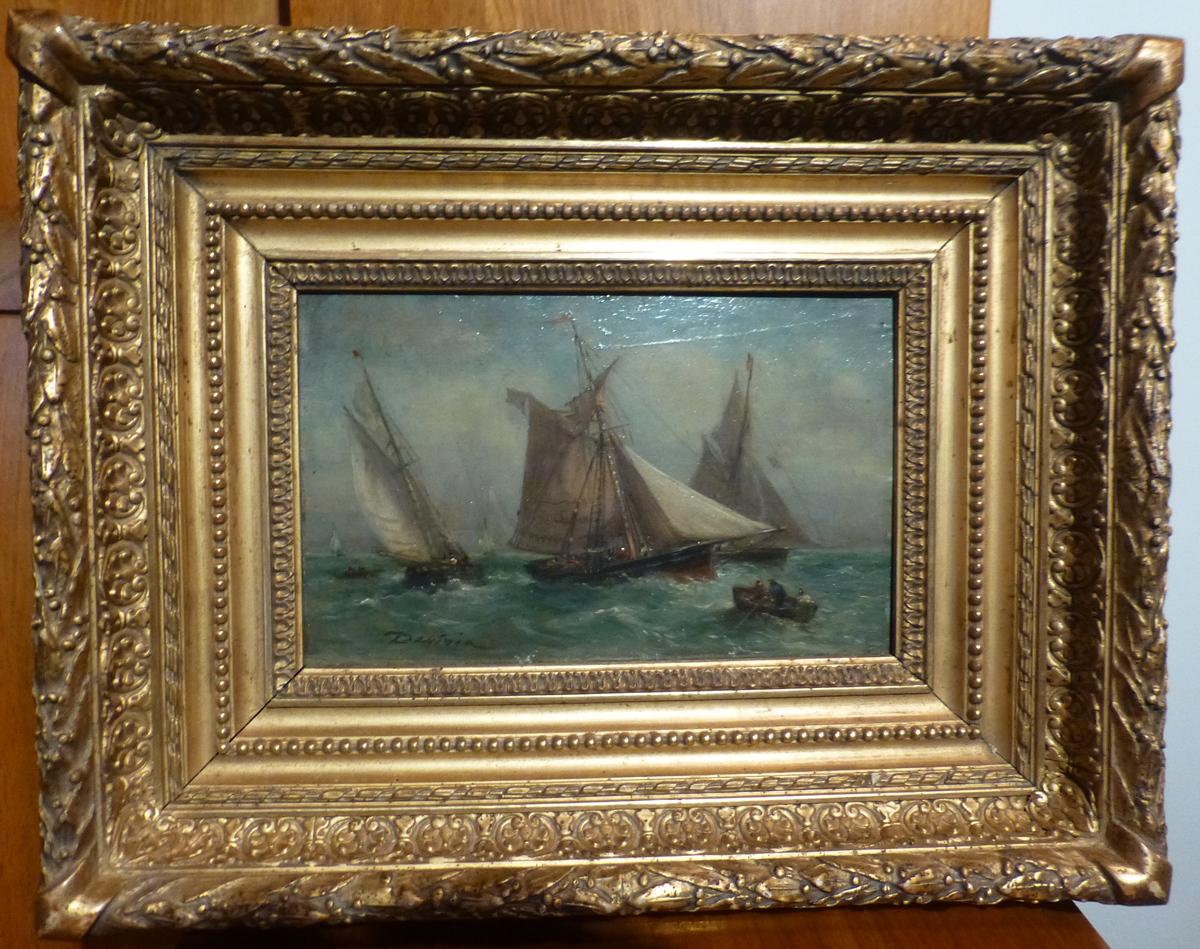 French School of the 19th century A Seascape  Oil on panel (lid of cigar box)  - Painting by Unknown