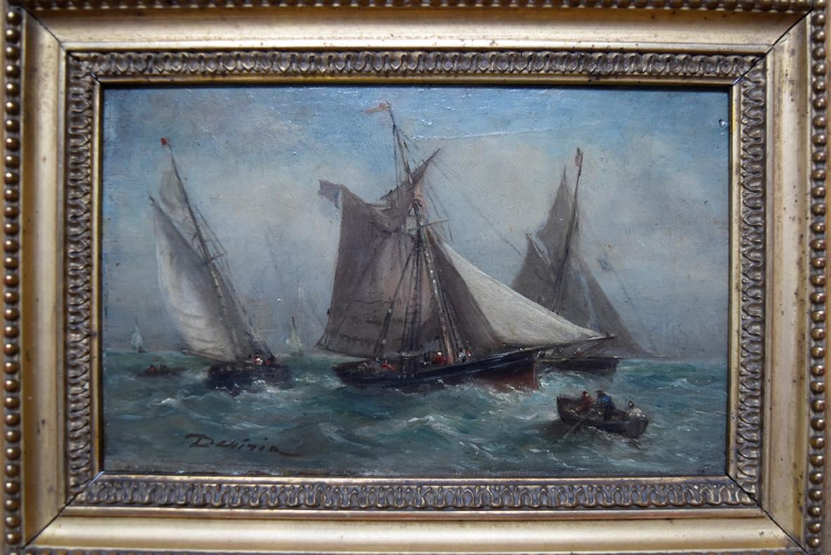 French School of the 19th century A Seascape  Oil on panel (lid of cigar box)  - Gray Landscape Painting by Unknown