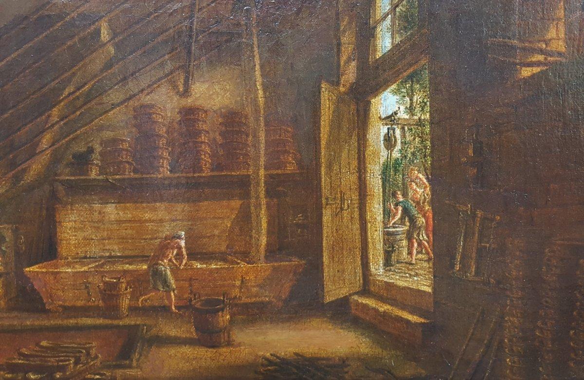 Painting french school romantic 19th century oil on canvas Interior of a bakery - Brown Interior Painting by Unknown