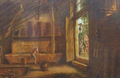 Pittura scuola francese romantica del XIX secolo olio su tela Interno di una panetteria