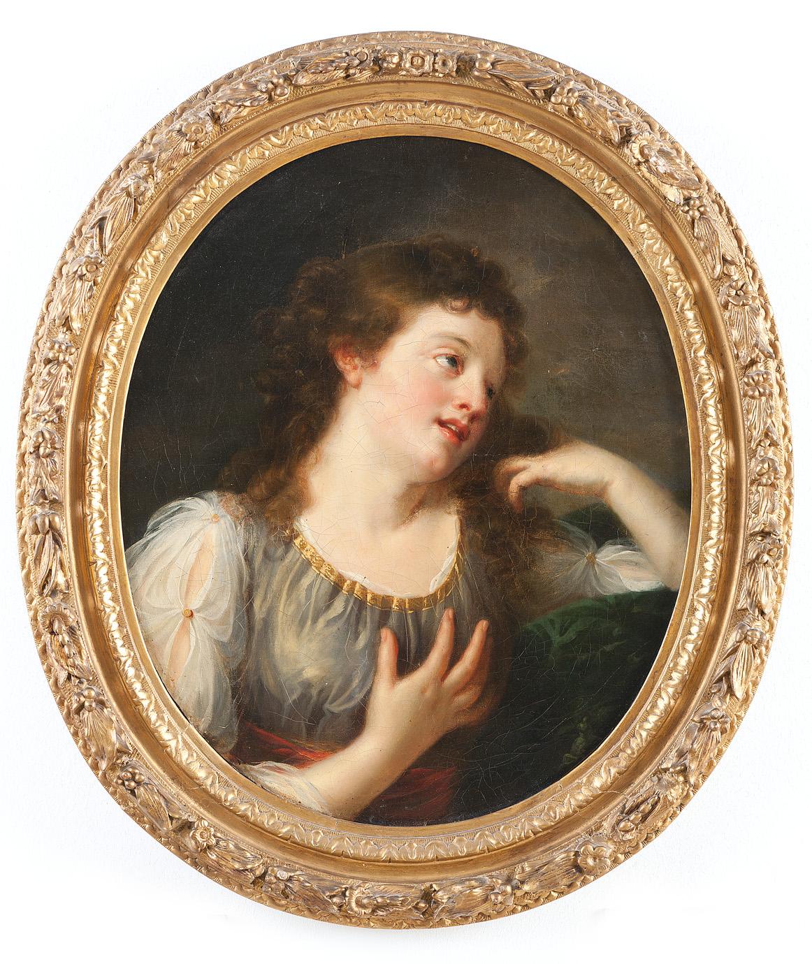 Portrait d'une jeune femme, école française, portrait ovale, actrice, style rococo - Painting de Unknown