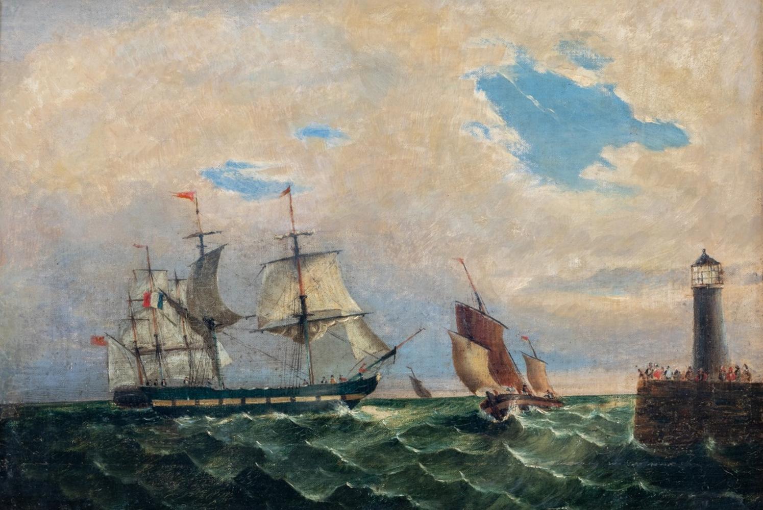 Voilier de l'école française au large de Corsica, huile sur toile - Painting de Unknown