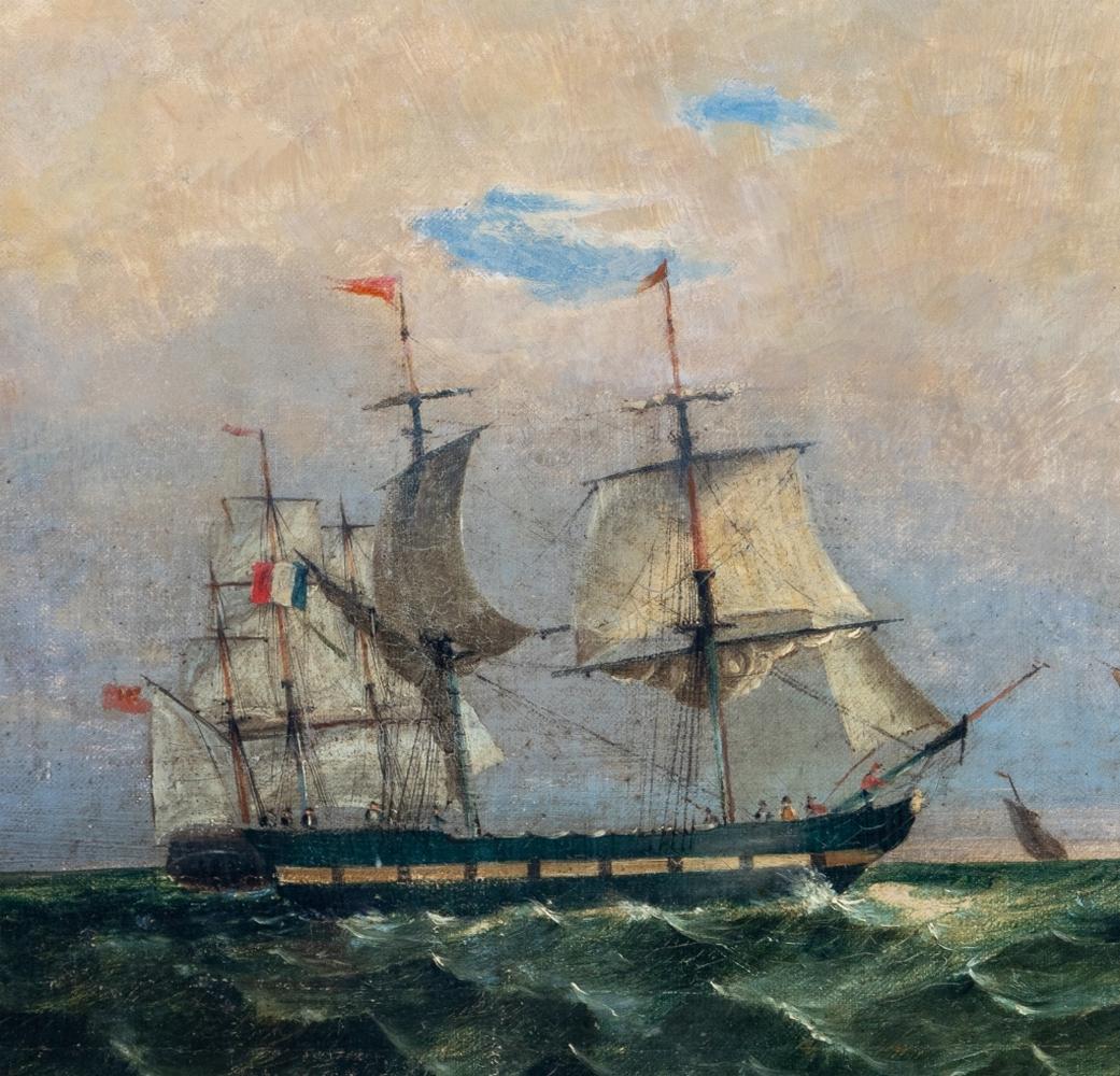 Voilier de l'école française au large de Corsica, huile sur toile - Marron Landscape Painting par Unknown