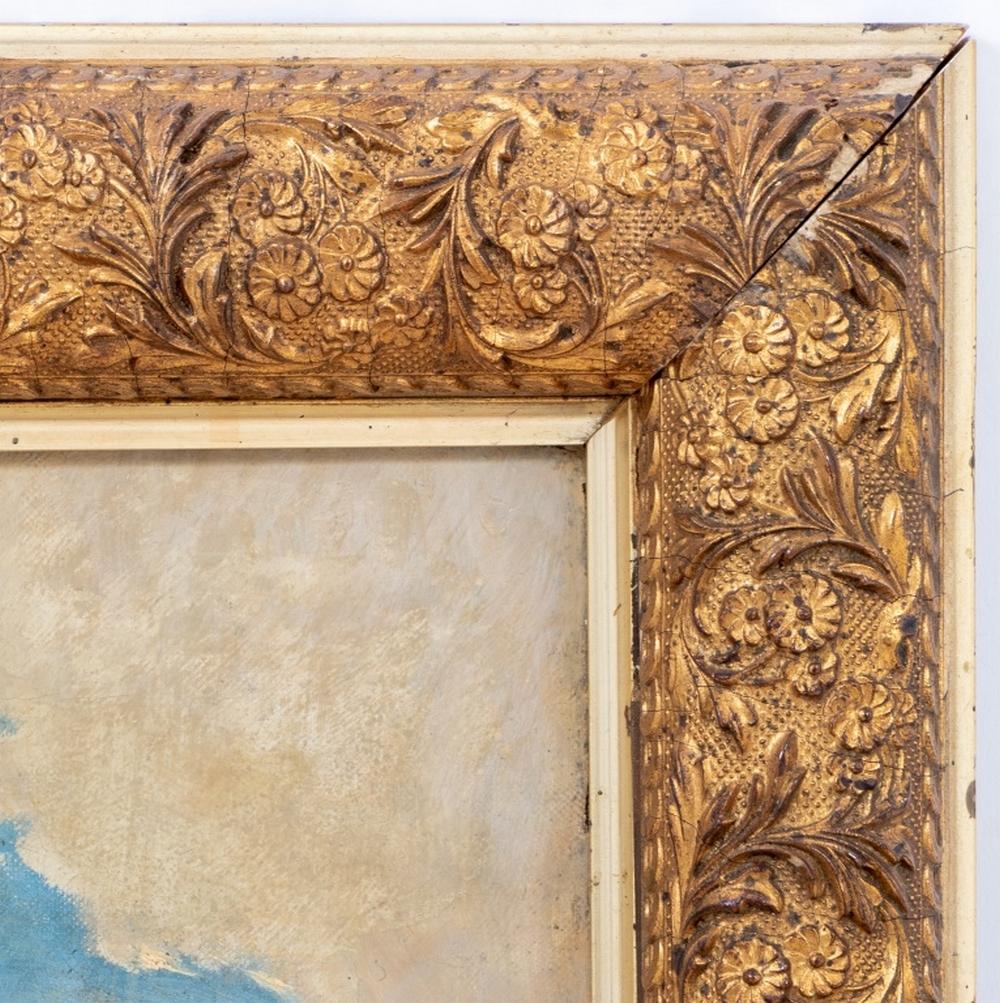 École française, Navire de guerre au large de la Corse, Huile sur toile, 19e siècle, apparemment non signée, cadre en bois doré. Image : 14