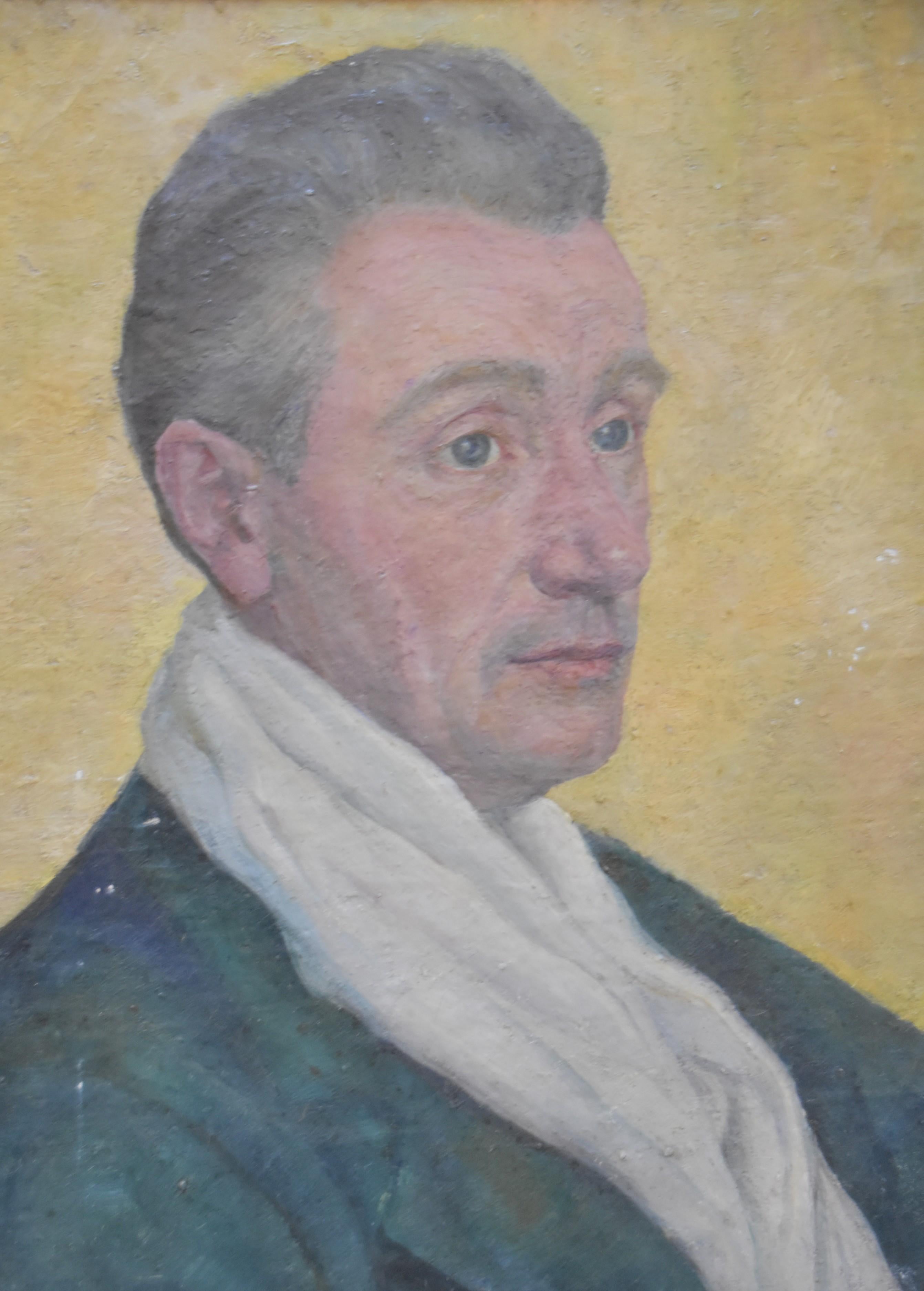 French Scool circa 1930, Portrait of a man in green, oil on canvas - Art Deco Painting by Unknown
